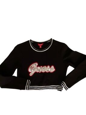 GUESS Black Cropped Sweatshirt with Red-Trim Script Logo